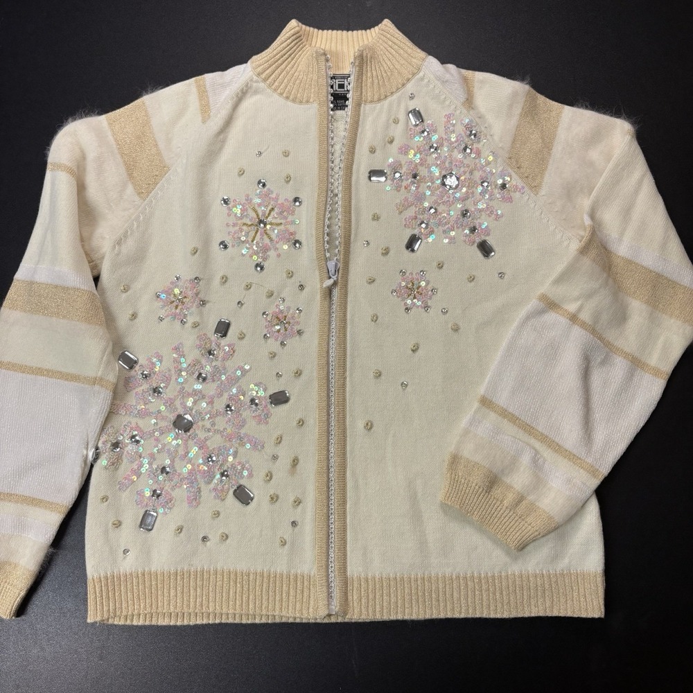 VTG Women's BEREK‎ 2 by TAKAKO SAKON Cardigan Sweater Size L Snowflake Gems